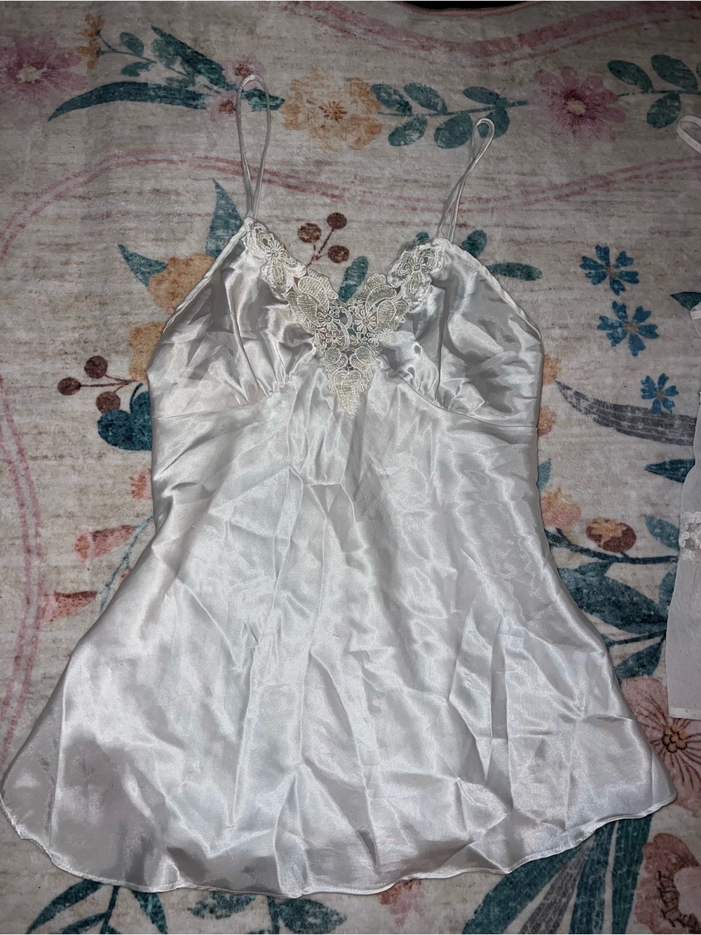 Elegant White Satin Chemise with Lace Trim